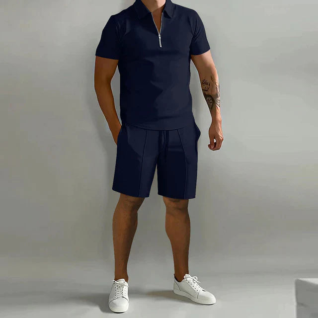 Men's Polo Short Set Stretch Fabric Zip Placket Drawstring Two Piece