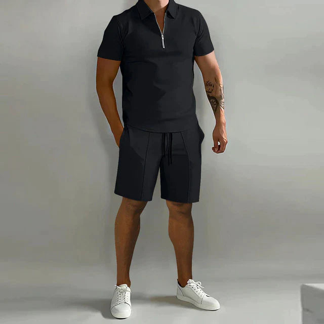 Men's Polo Short Set Stretch Fabric Zip Placket Drawstring Two Piece