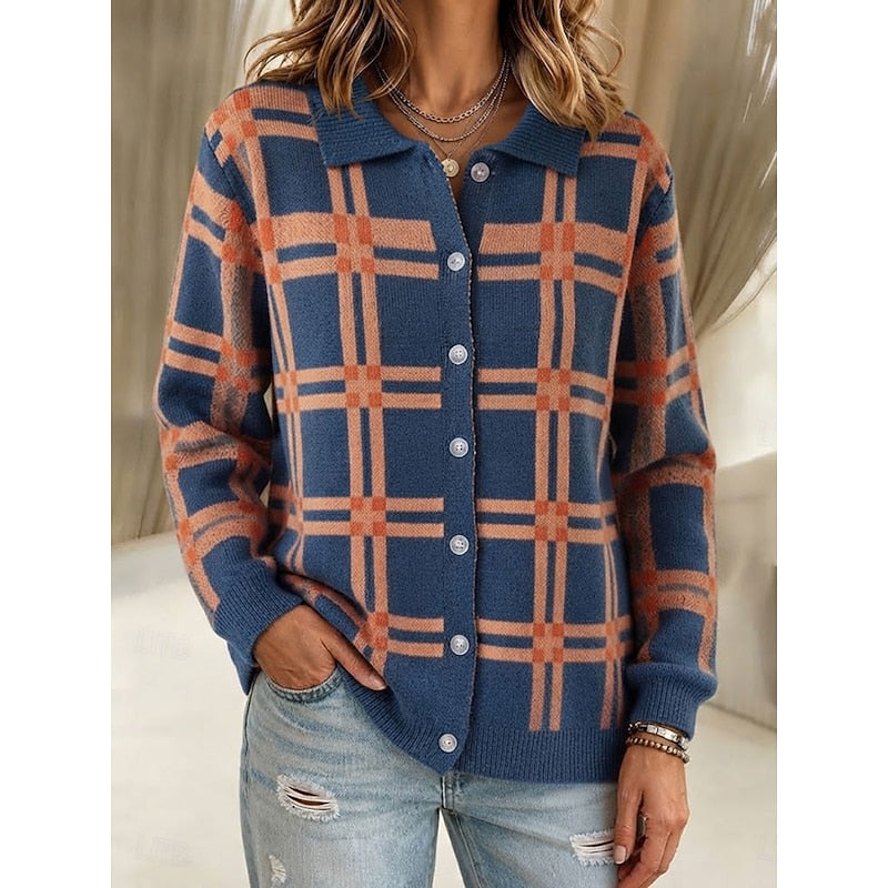 Loretta | Women's Checked Collared Button-Front Cardigan