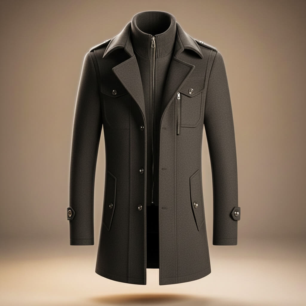 Beresford | Men's Single-Breasted Mid-Length Overcoat with Notch Lapels and Inner Collar Layer