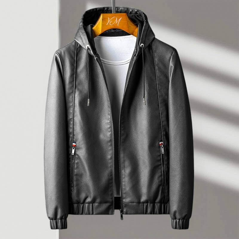 Edmund | Men's Leather-Look Hooded Jacket with Full Zip and Ribbed Hem