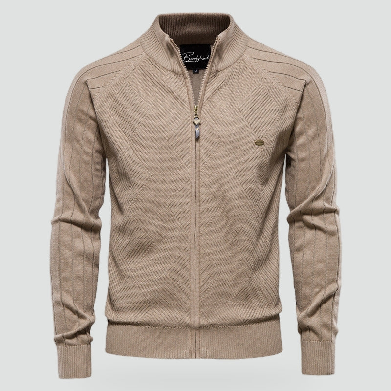 Men's Full Zip Stand Collar, Slim Fit Knitted Jacket with Panel Detail