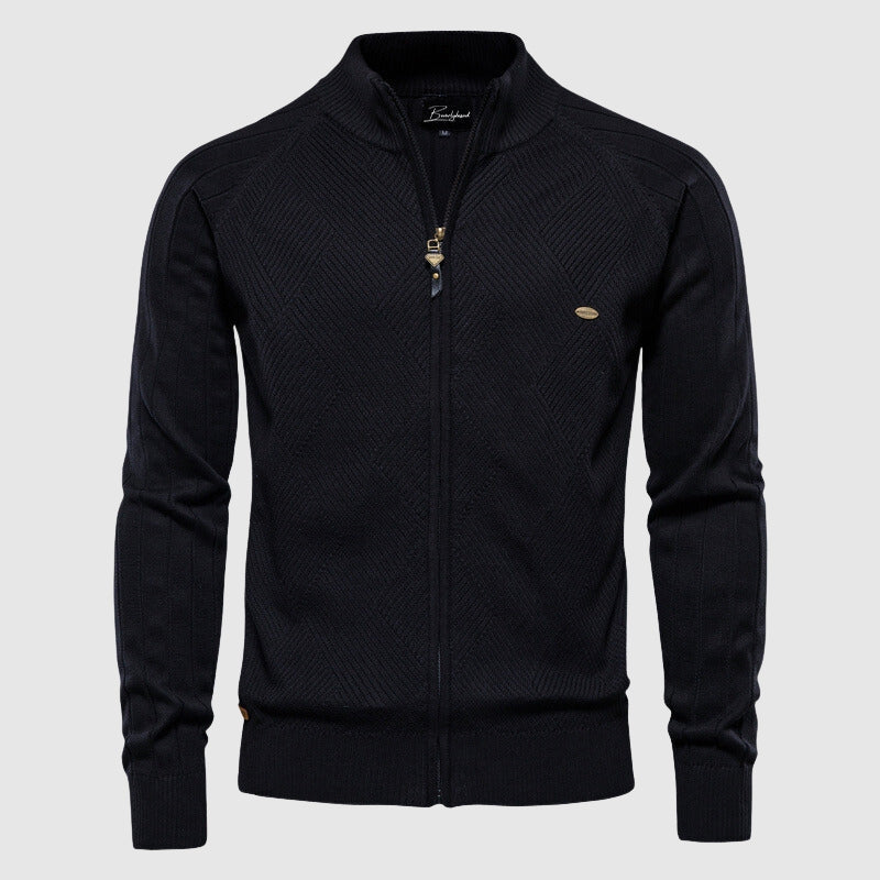 Men's Full Zip Stand Collar, Slim Fit Knitted Jacket with Panel Detail
