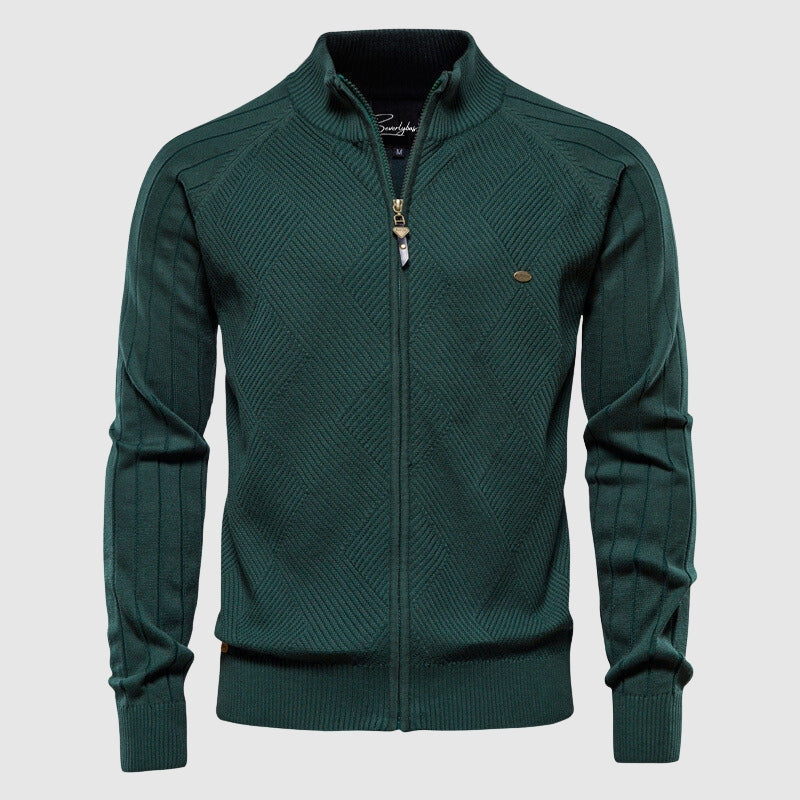 Men's Full Zip Stand Collar, Slim Fit Knitted Jacket with Panel Detail