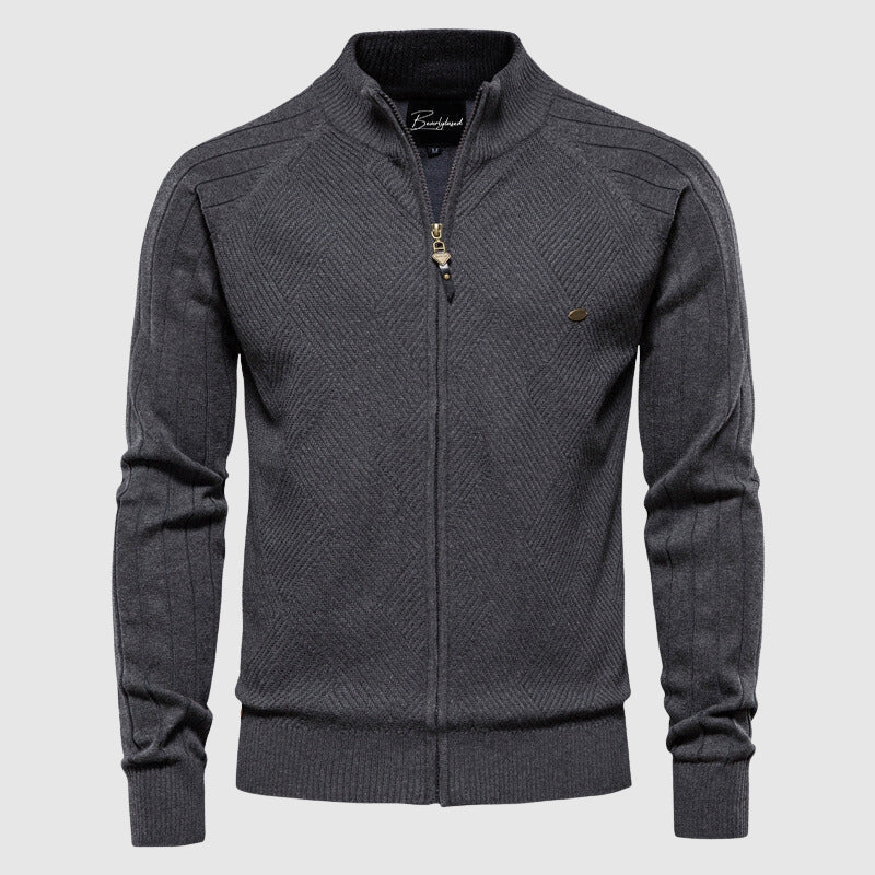 Men's Full Zip Stand Collar, Slim Fit Knitted Jacket with Panel Detail