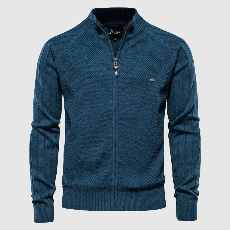 Men's Full Zip Stand Collar, Slim Fit Knitted Jacket with Panel Detail