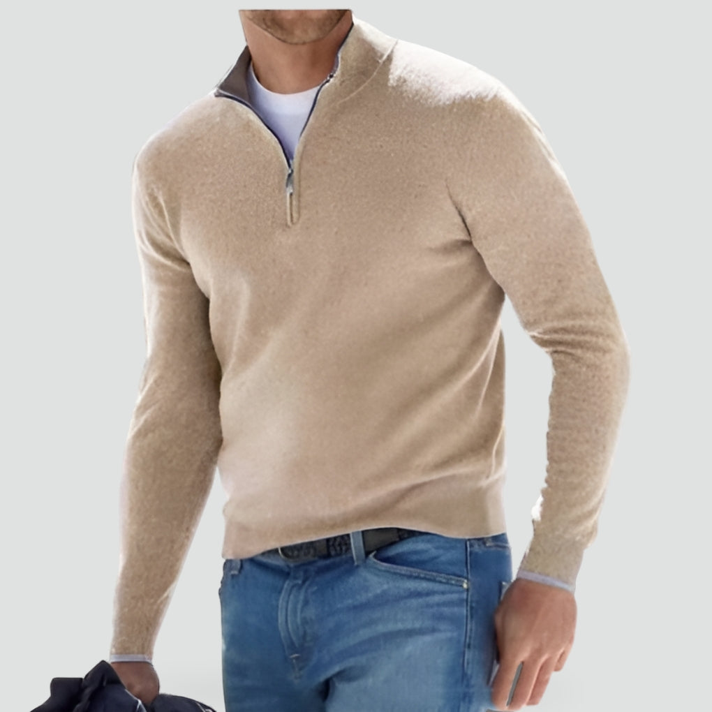 Men's Quarter Zip Knitted Sweater Classic Fit Pullover with Zip