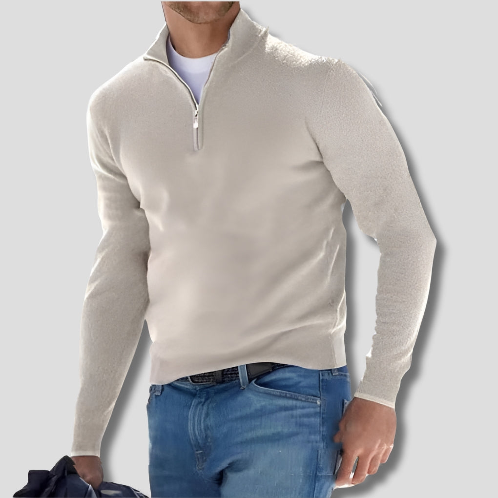 Men's Quarter Zip Knitted Sweater Classic Fit Pullover with Zip