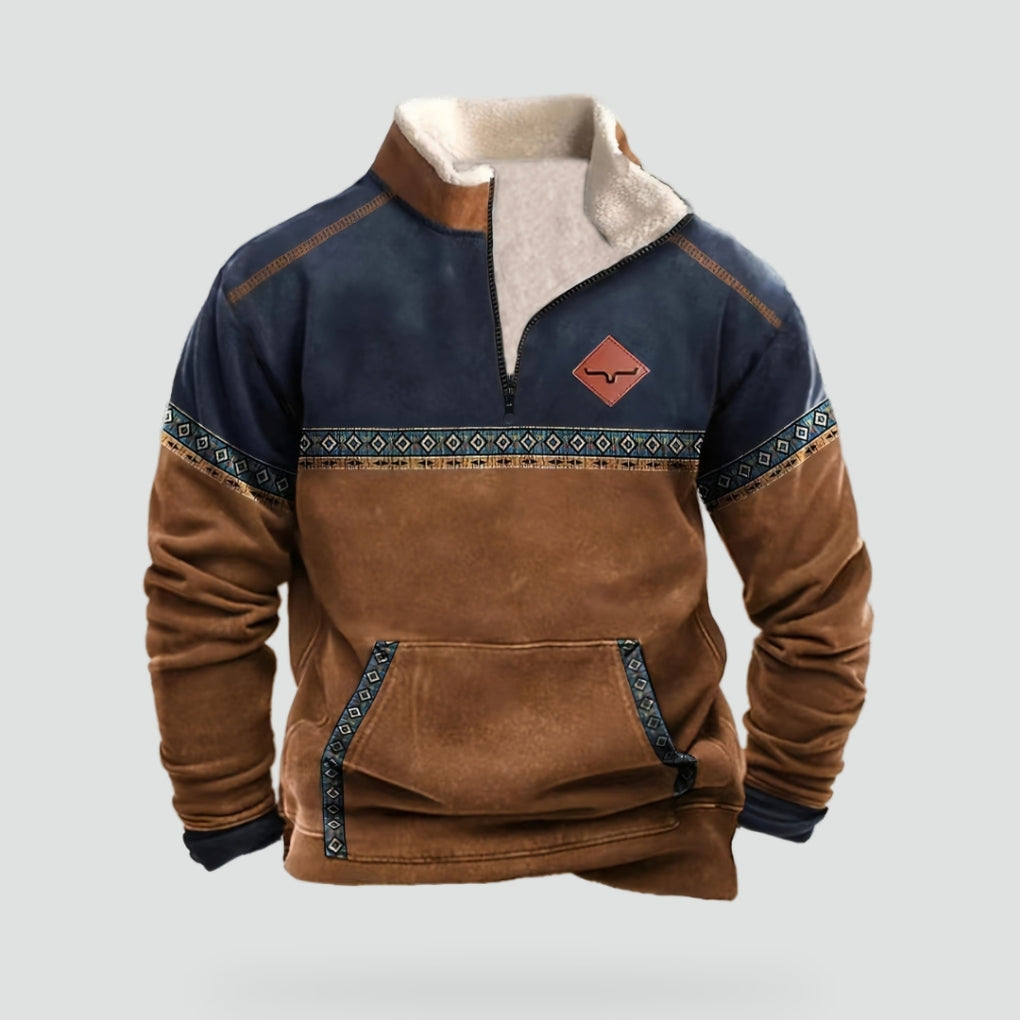Men's Half Zip Fleece Lined Jumper, Colour Block Pullover with Borg Collar