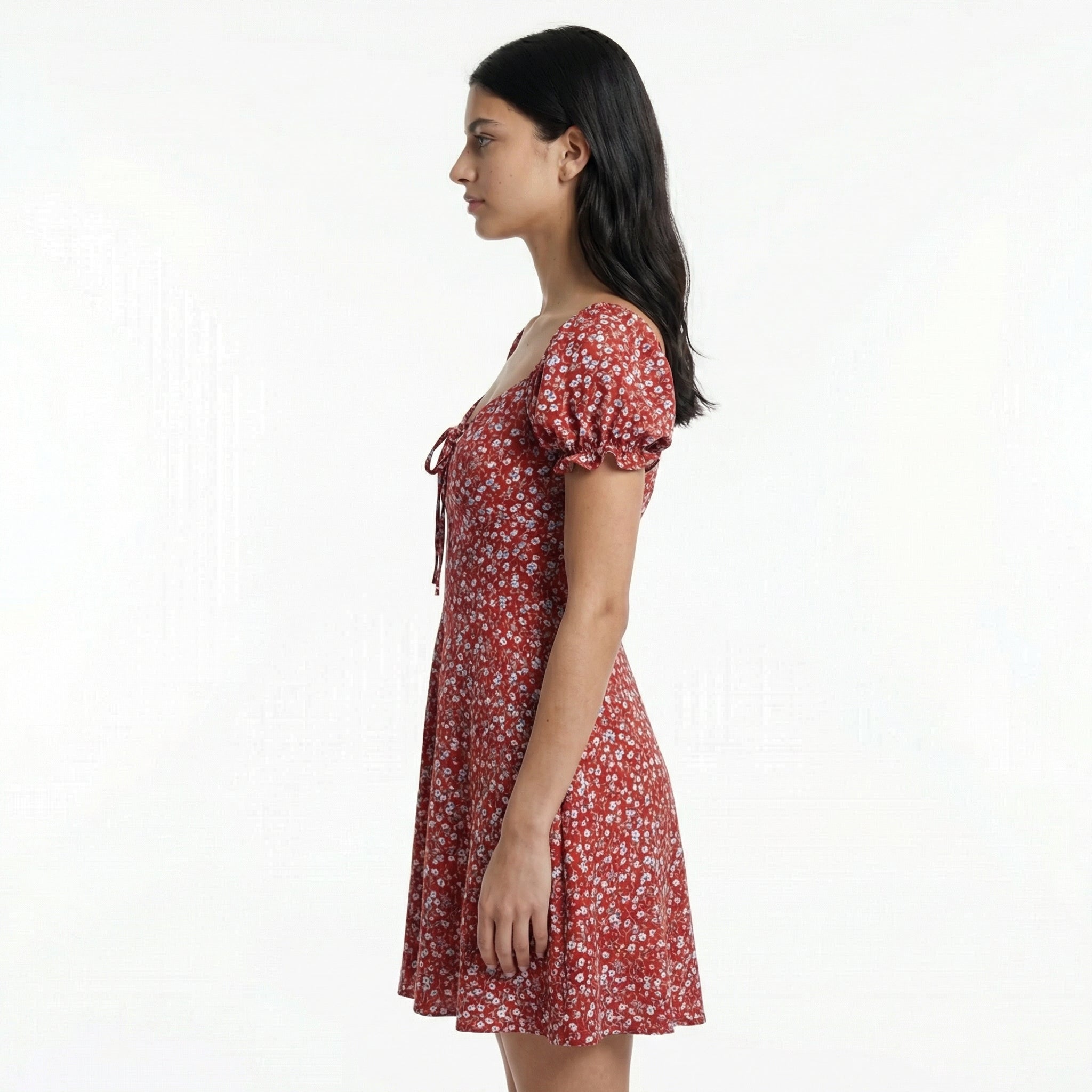 Mini Dress Floral with Puff Sleeves and Front Tie