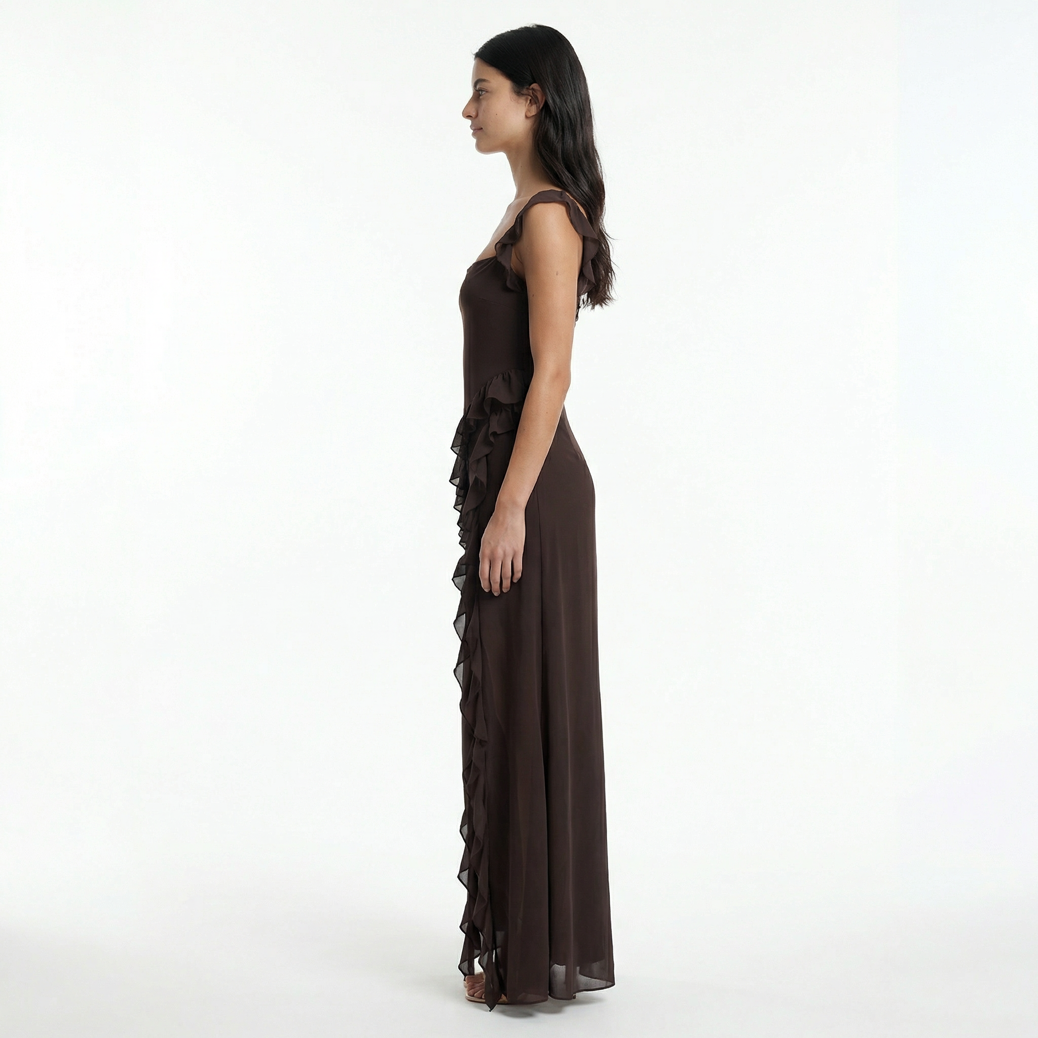 Maxi Dress with Ruffle Trim and Asymmetric Hem