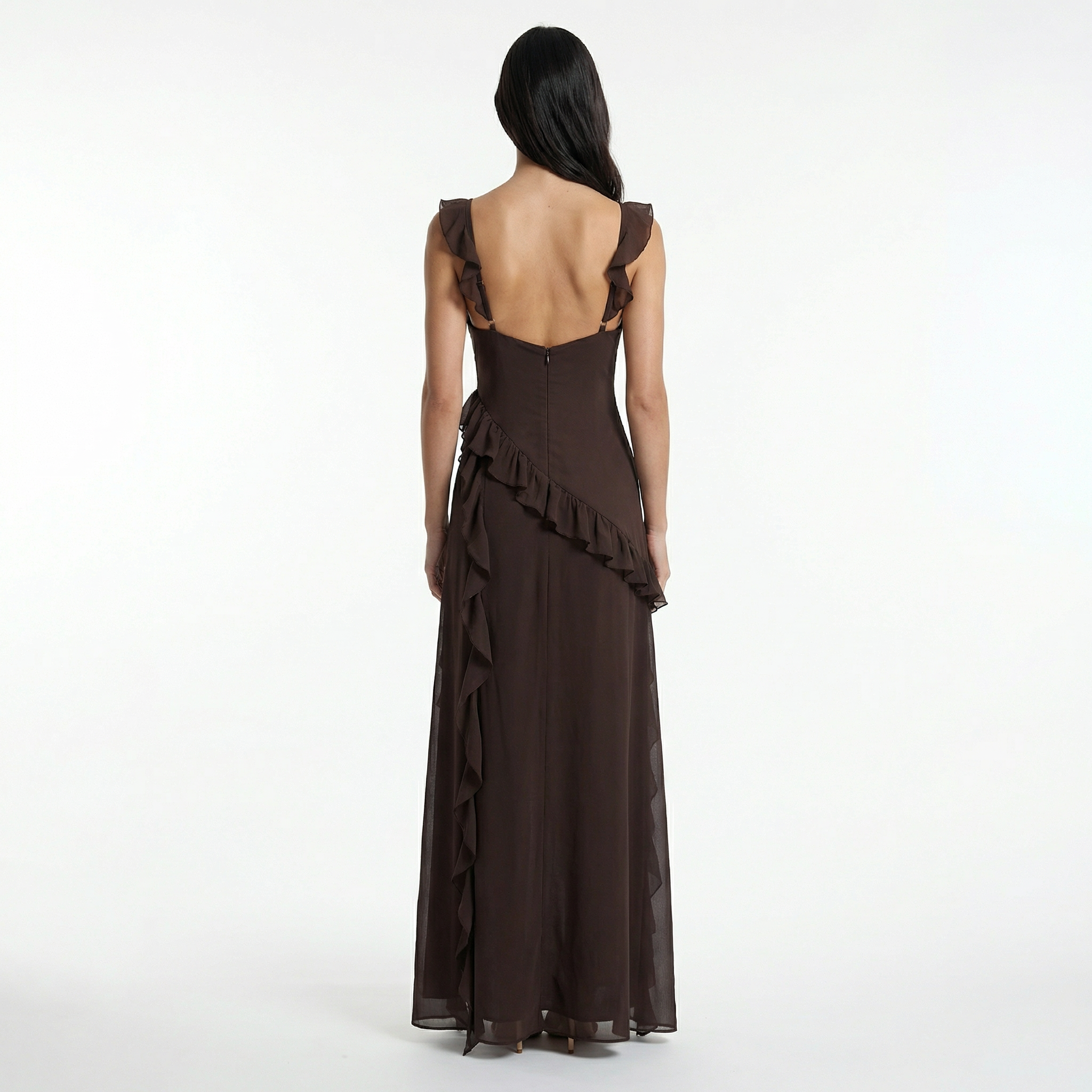 Maxi Dress with Ruffle Trim and Asymmetric Hem