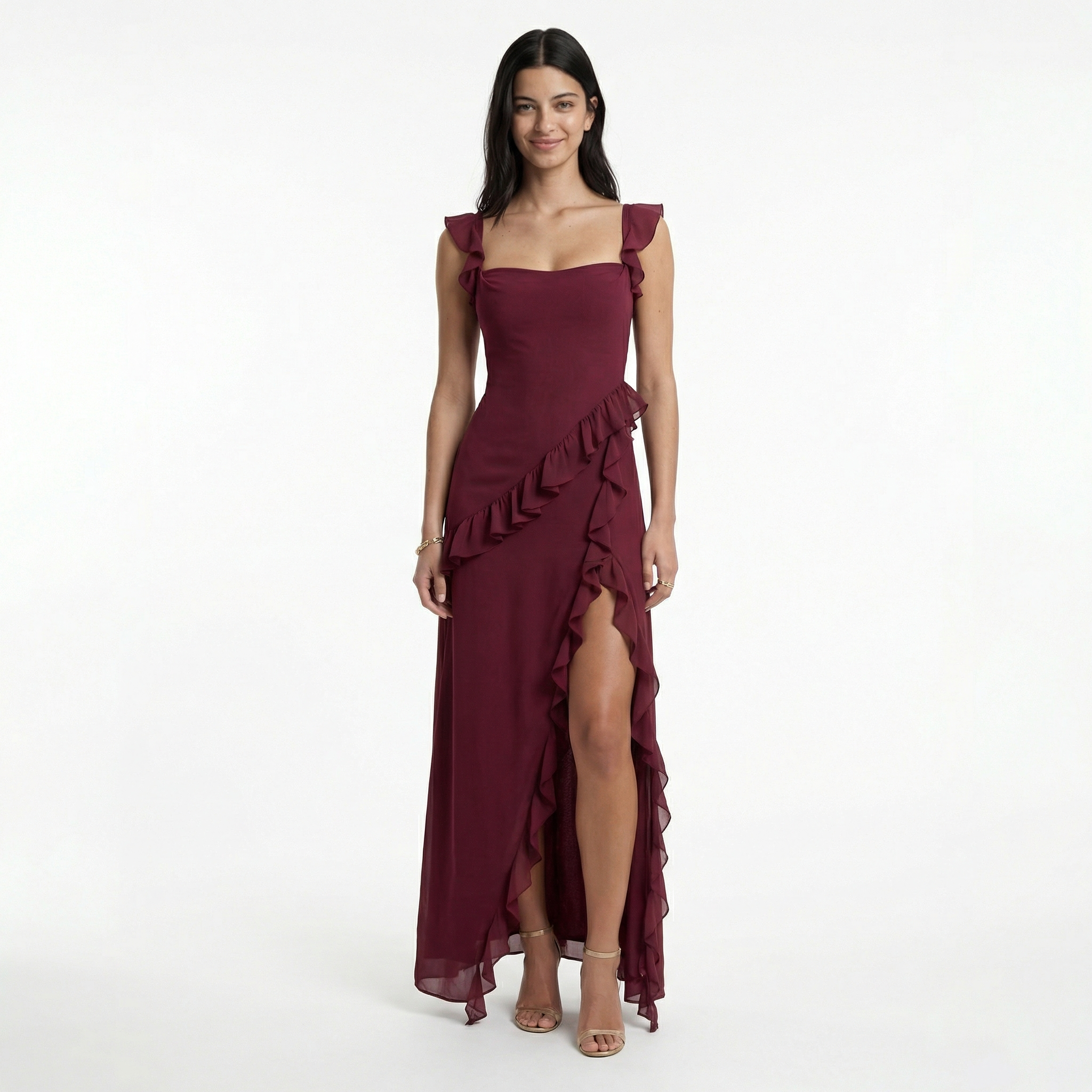 Maxi Dress with Ruffle Trim and Asymmetric Hem