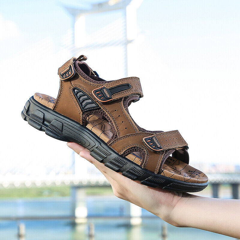 Men's Leather Sandals Open Toe Velcro Strap Cushioned Sole Outdoor
