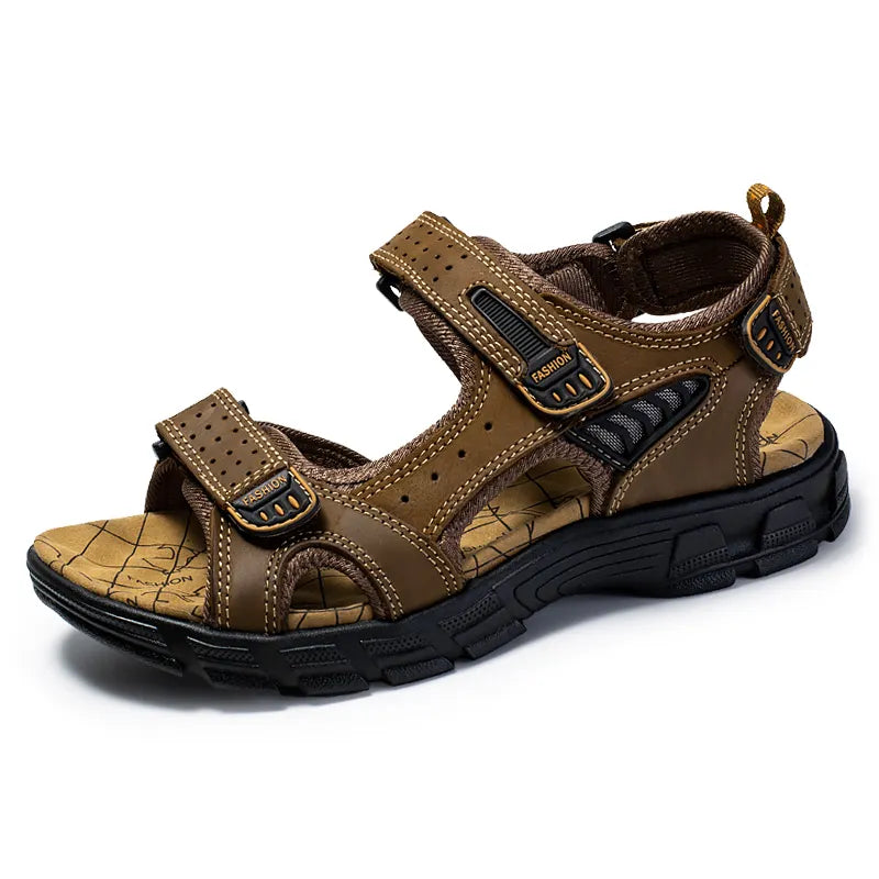 Men's Leather Sandals Open Toe Velcro Strap Cushioned Sole Outdoor