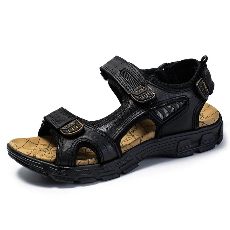Men's Leather Sandals Open Toe Velcro Strap Cushioned Sole Outdoor