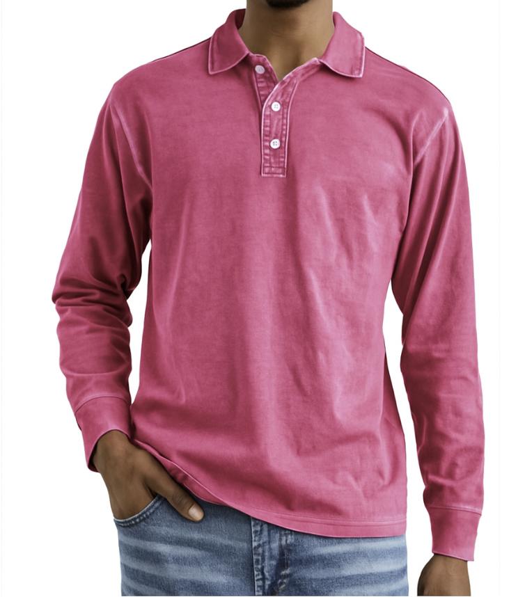 Men's Polo Sweatshirt Washed Cotton Oversized Long Sleeve Casual