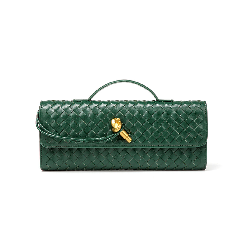 Women’s Woven Faux Leather Clutch Bag with Top Handle, Flap Closure and Metal Fastening