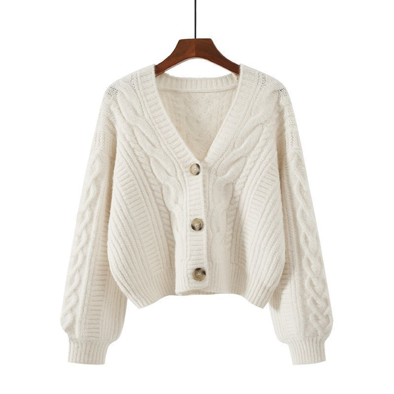 Women's Cable Knit Crop Cardigan V-Neck Button-Up