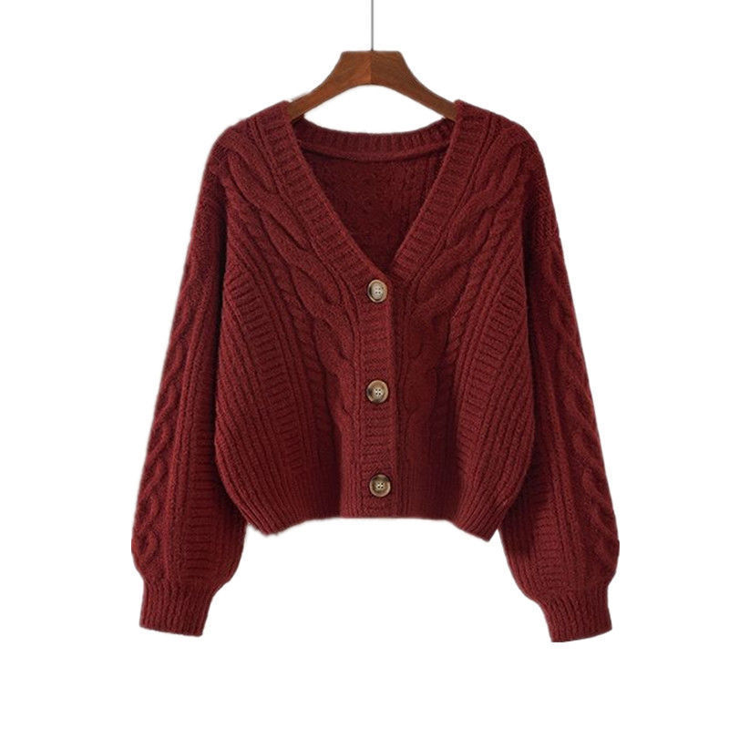 Women's Cable Knit Crop Cardigan V-Neck Button-Up