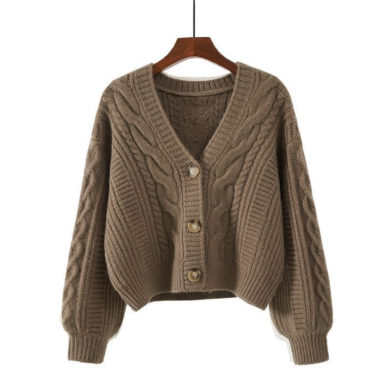 Women's Cable Knit Crop Cardigan V-Neck Button-Up