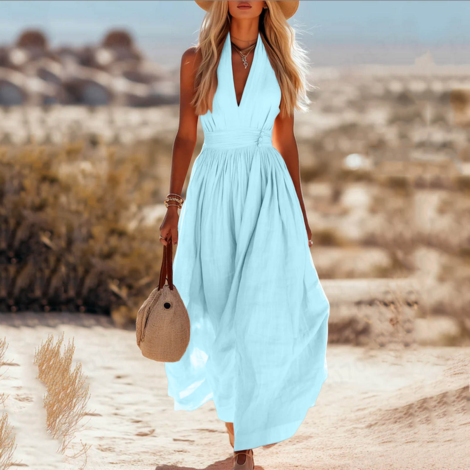Halter Neck Maxi Dress Women Linen Blend Gathered Waist Sleeveless