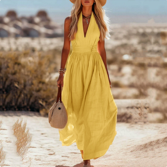 Halter Neck Maxi Dress Women Linen Blend Gathered Waist Sleeveless