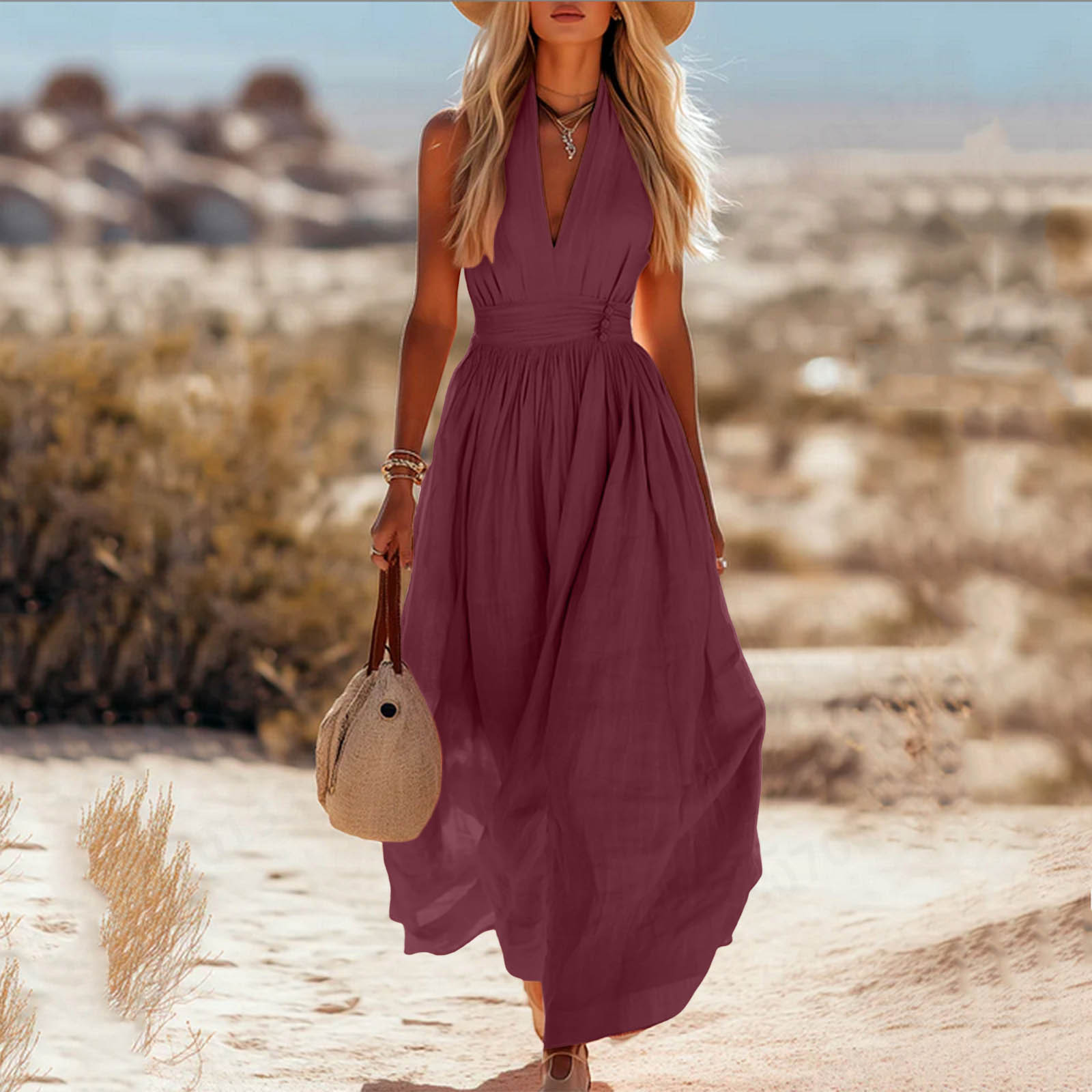 Halter Neck Maxi Dress Women Linen Blend Gathered Waist Sleeveless