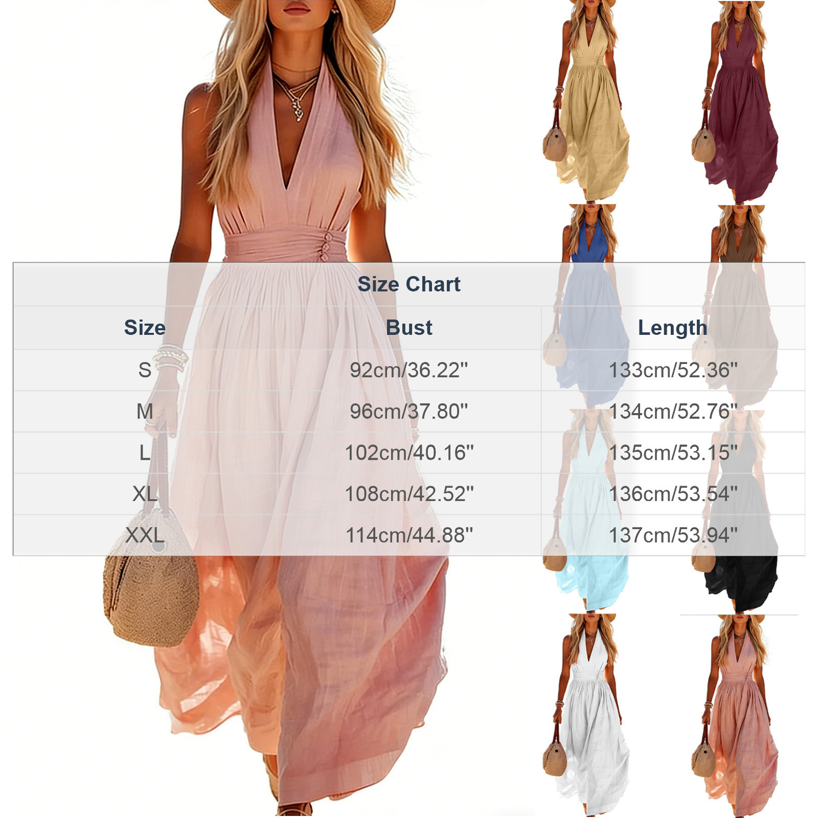 Halter Neck Maxi Dress Women Linen Blend Gathered Waist Sleeveless