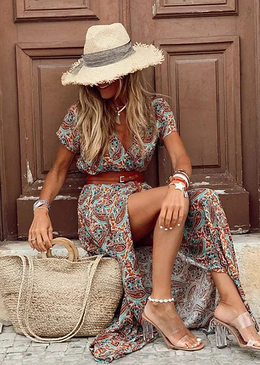 Maxi Dress Women Cotton Short Sleeve Gathered Waist
