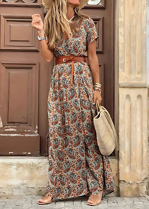 Maxi Dress Women Cotton Short Sleeve Gathered Waist