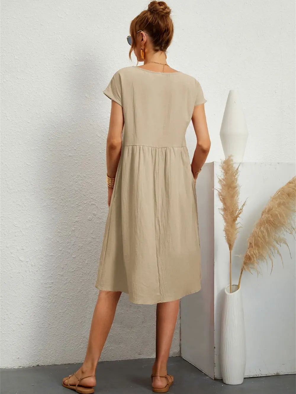Women's Midi Dress Woven Fabric Round Neck Loose Fit