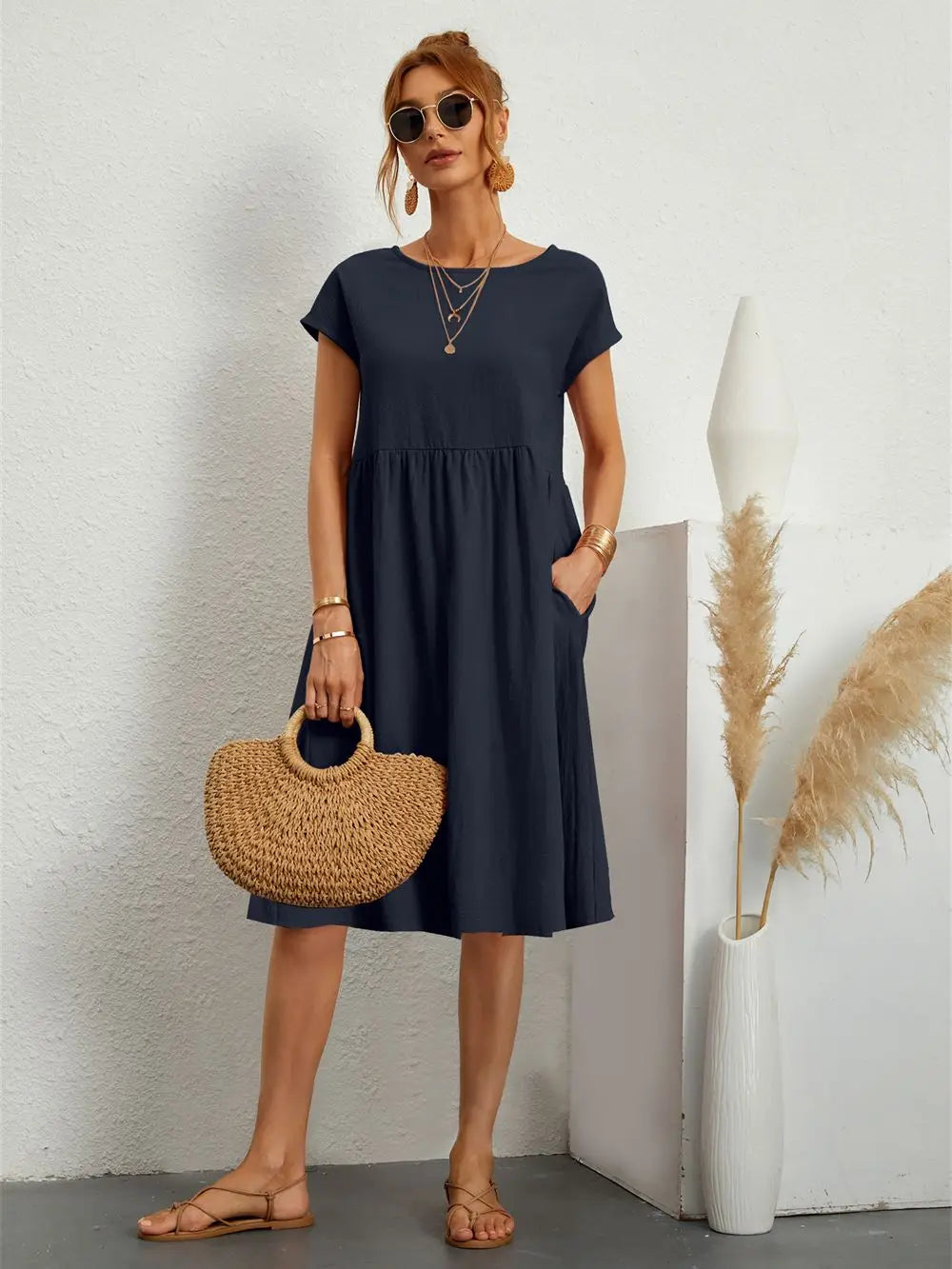 Women's Midi Dress Woven Fabric Round Neck Loose Fit