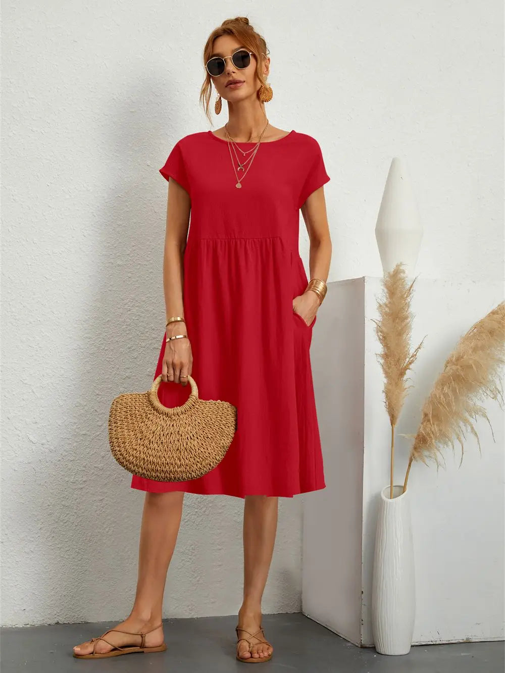 Women's Midi Dress Woven Fabric Round Neck Loose Fit