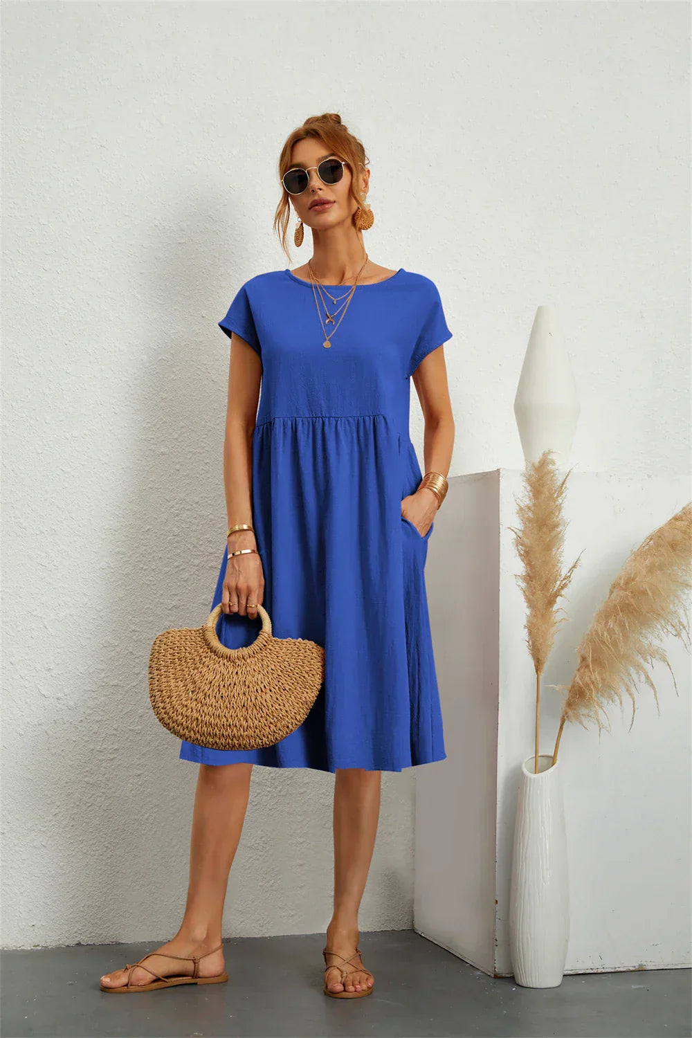 Women's Midi Dress Woven Fabric Round Neck Loose Fit