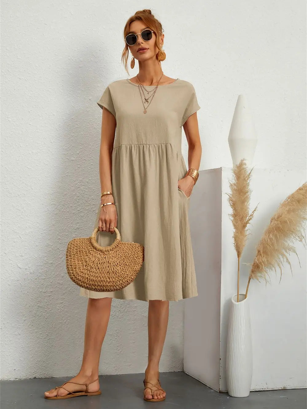 Women's Midi Dress Woven Fabric Round Neck Loose Fit