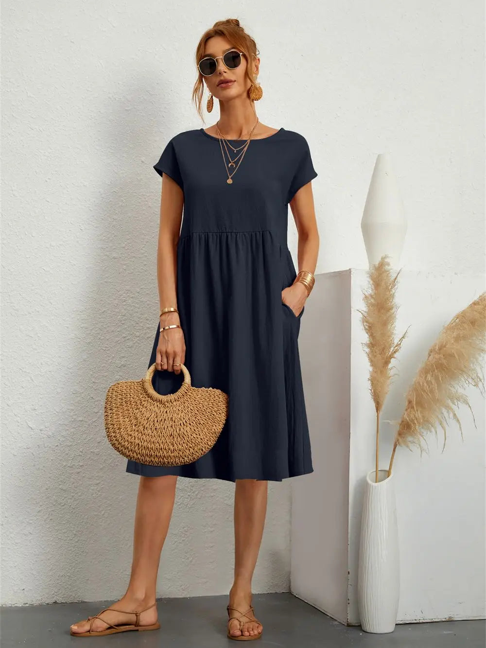 Women's Midi Dress Woven Fabric Round Neck Loose Fit