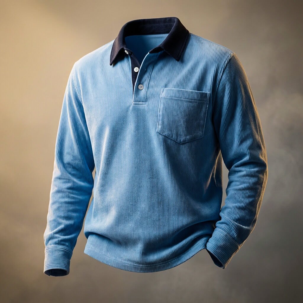 Darby | Men's Corduroy-Look Long Sleeve Polo Shirt with Contrast Collar and Chest Pocket