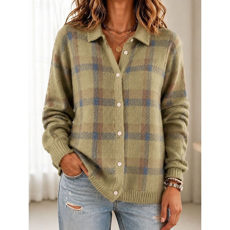 Loretta | Women's Checked Collared Button-Front Cardigan