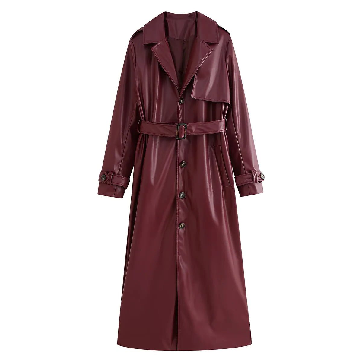 Women's Leather-Look Belted Trench Coat with Notched Lapels
