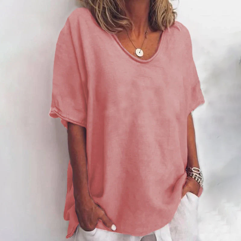 Women's Scoop Neck Blouse Woven Fabric Short Sleeve Loose Fit