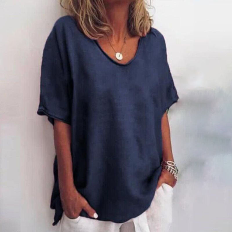 Women's Scoop Neck Blouse Woven Fabric Short Sleeve Loose Fit