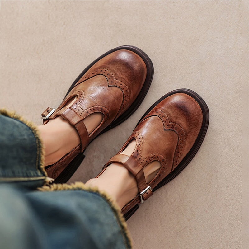 Mary Jane Shoes Women's Leather Fabric Buckle Strap