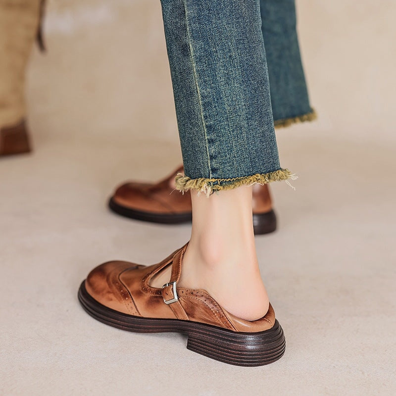 Mary Jane Shoes Women's Leather Fabric Buckle Strap