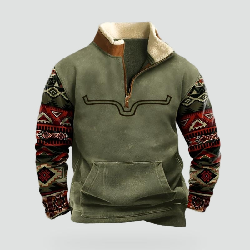 Men's Half Zip Fleece Jumper, Borg Collar Pullover with Patterned Sleeves