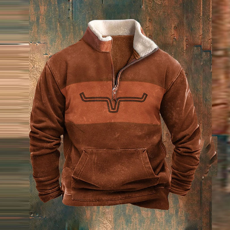Men's Half Zip Fleece Jumper, Borg Collar Pullover with Patterned Sleeves