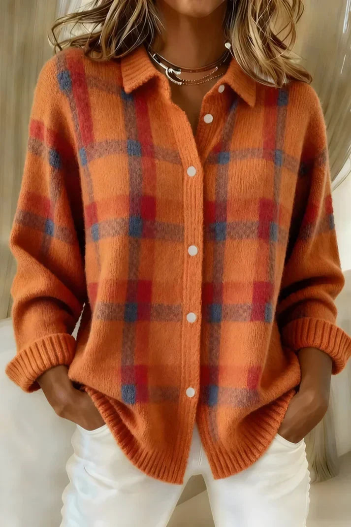 Clementine | Women's Elegant Longline Checkered Button-Front Cardigan - Orange