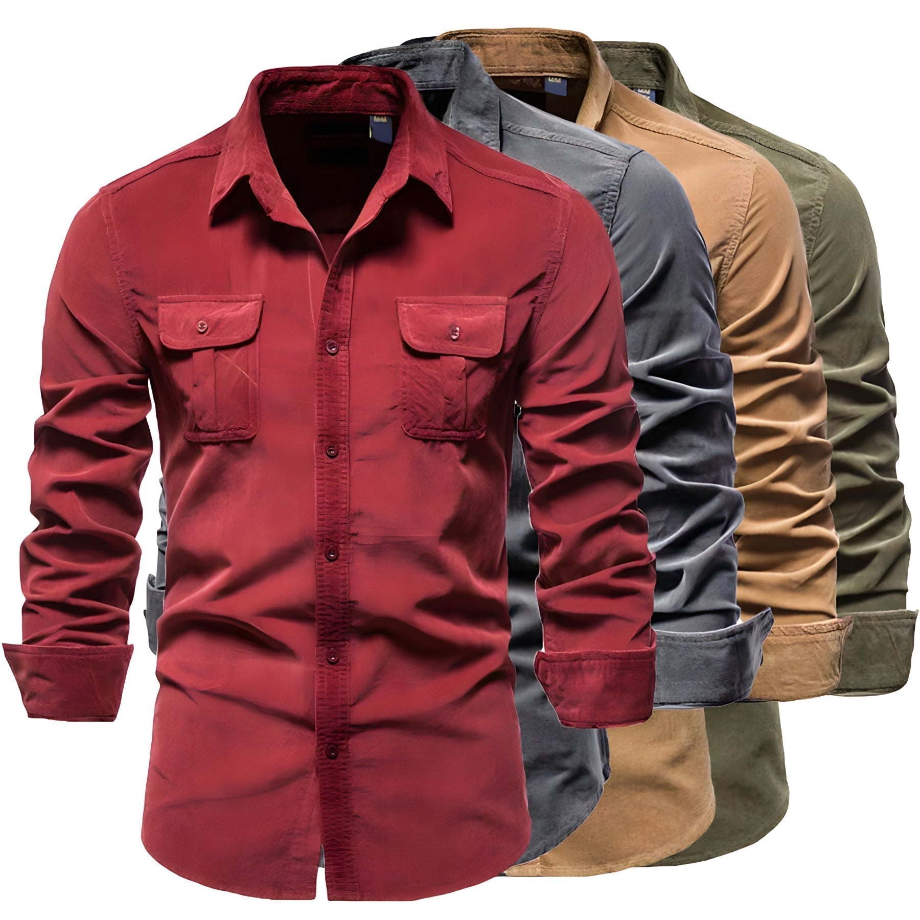 Men's Cargo Shirt Cotton Long Sleeve Dual Chest Pocket Slim Fit