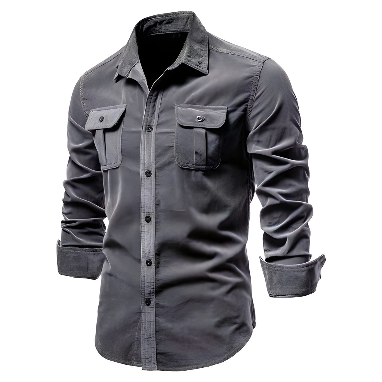 Men's Cargo Shirt Cotton Long Sleeve Dual Chest Pocket Slim Fit