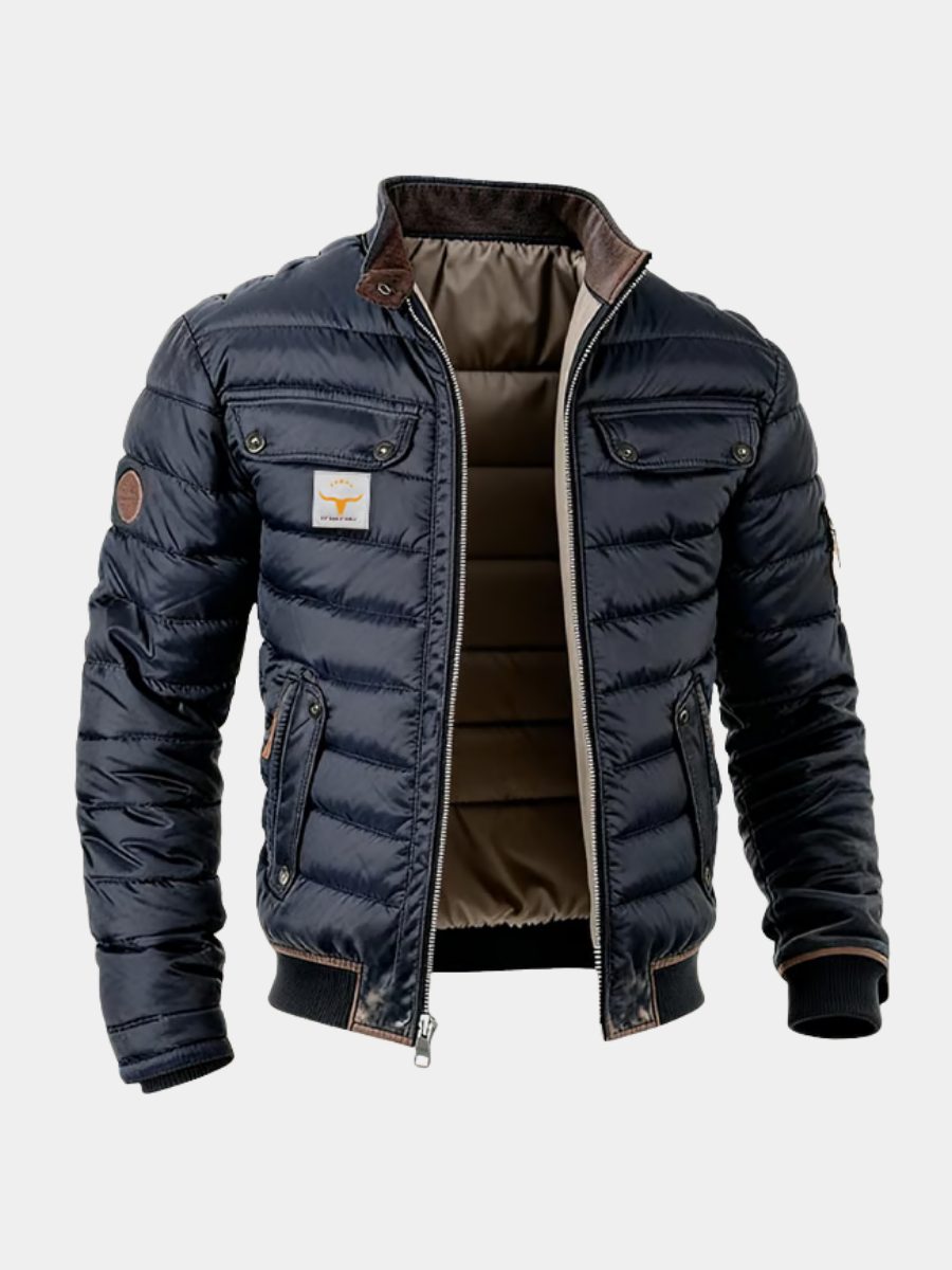 Men's Quilted Bomber Jacket with Stand Collar and Ribbed Cuffs
